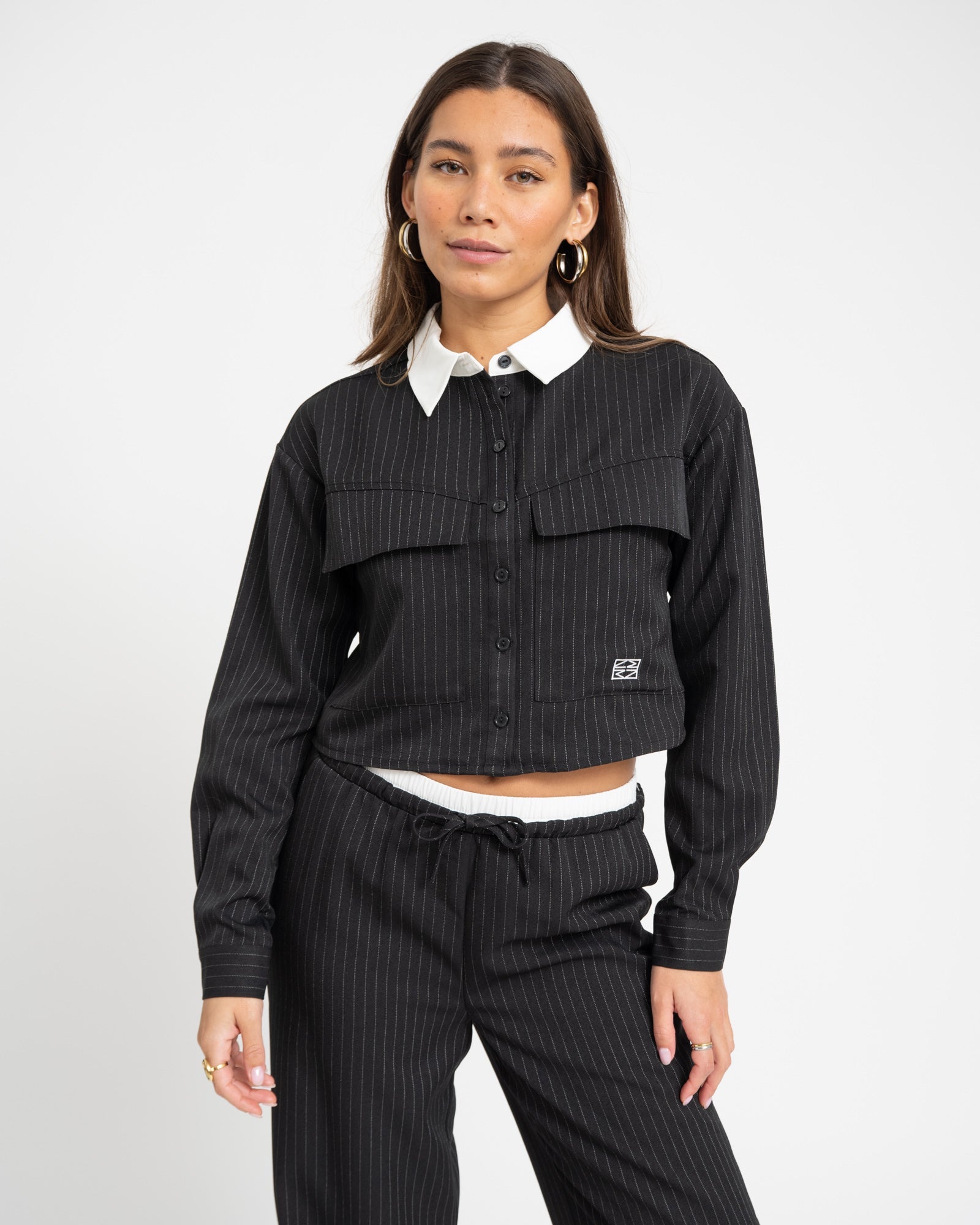 Dallas Crop Pinstripe Shirt Black White
