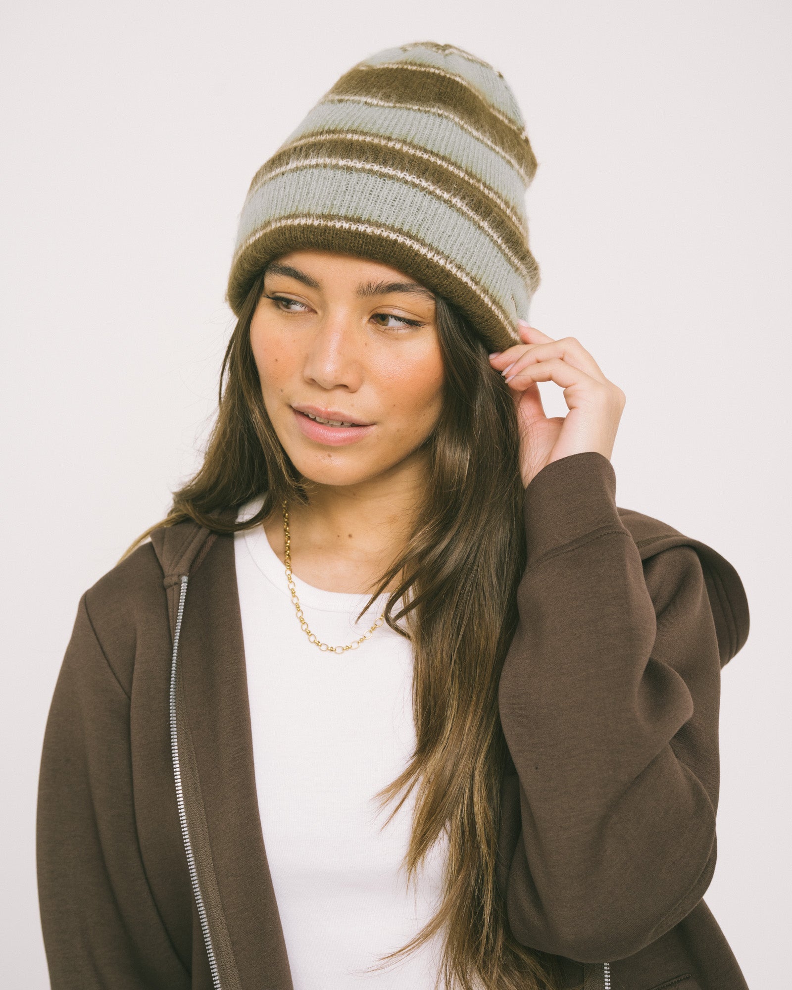 Fuzzy Stripe Beanie Brown
