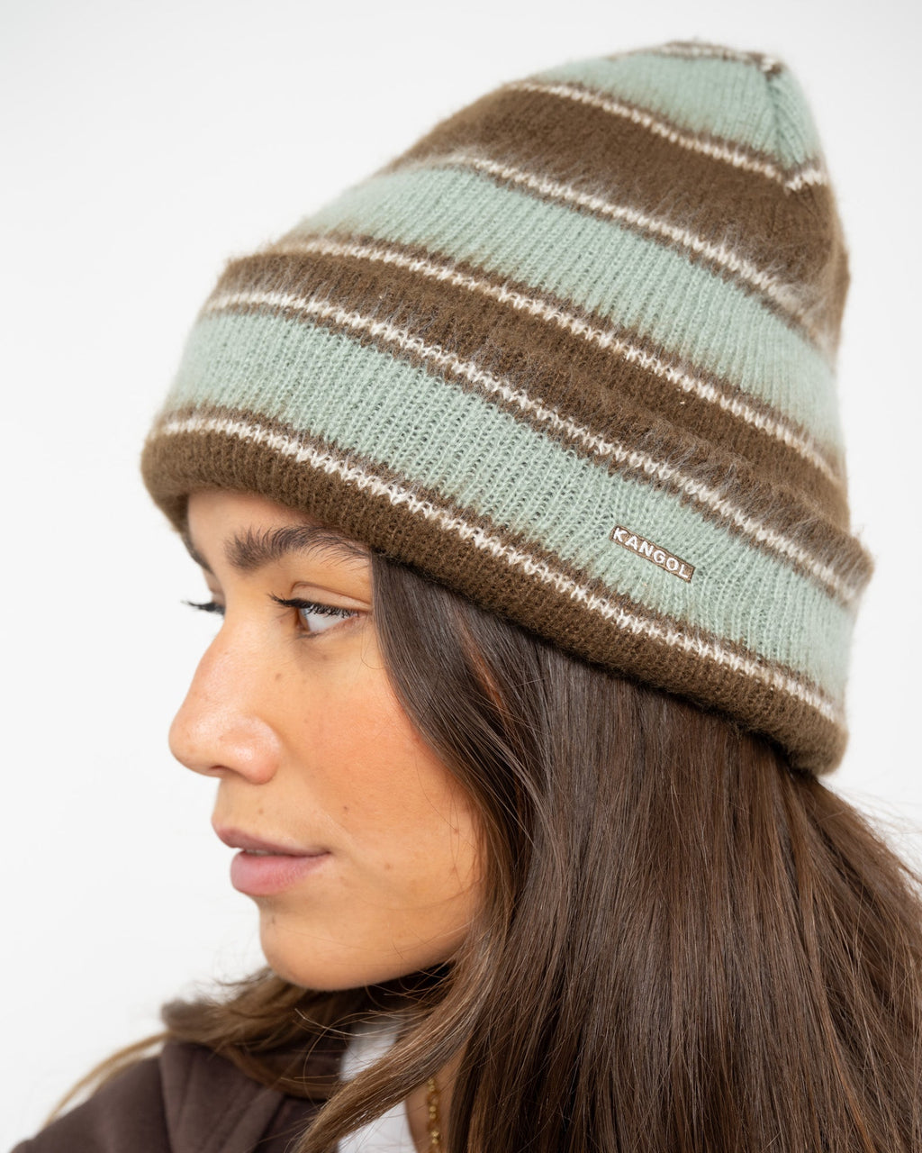 Fuzzy Stripe Beanie Brown